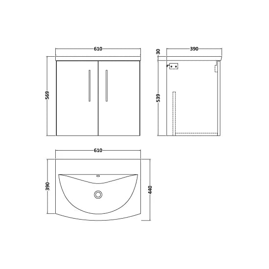 Arno Wall Hung 2 Door Vanity or Curved Ceramic Basin, 600mm