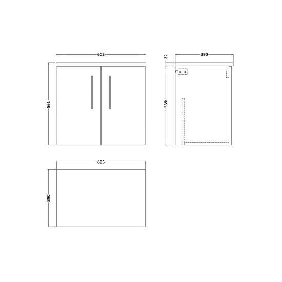 Arno Wall Hung 2 Door Vanity or Laminate Worktop, 600mm