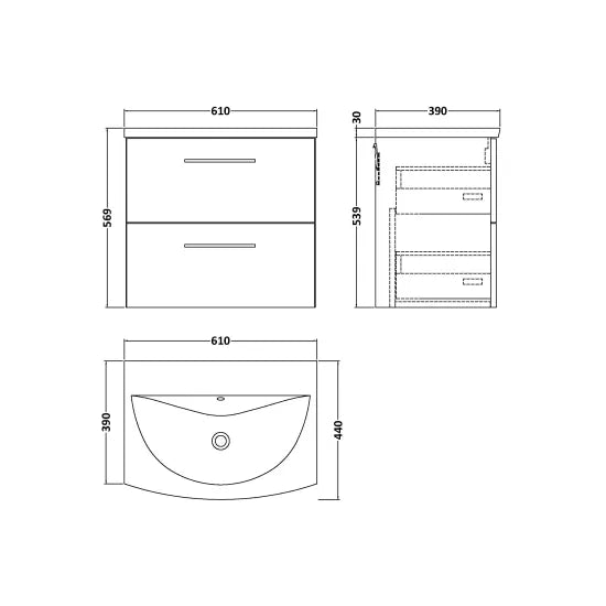 Arno Wall Hung 2 Drawer Vanity or Curved Ceramic Basin, 600mm