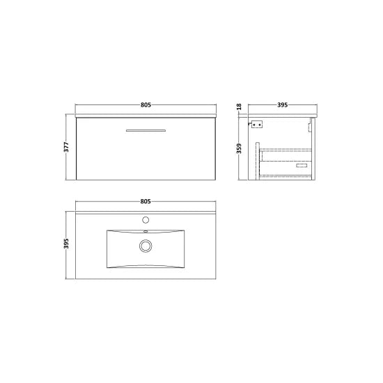 Arno Wall Hung 1 Drawer Vanity or Minimalist Ceramic Basin, 800mm