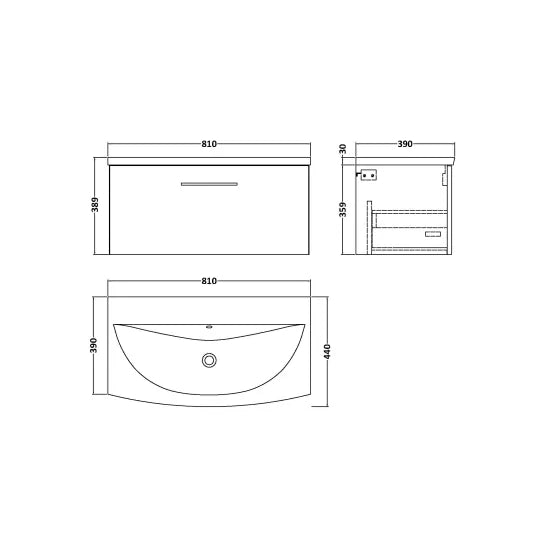 Arno Wall Hung 1 Drawer Vanity or Curved Ceramic Basin, 800mm