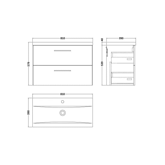 Arno Wall Hung 2 Drawer Vanity or Mid-Edge Ceramic Basin, 800mm