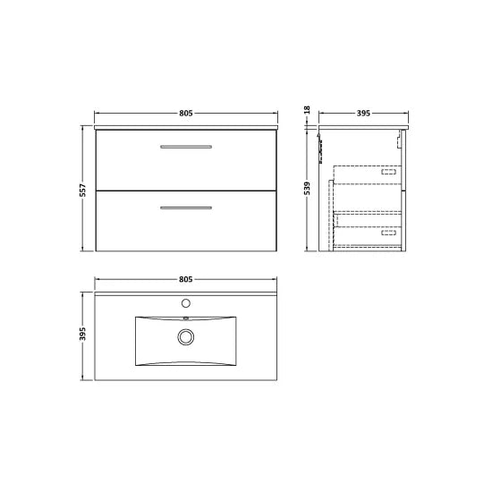 Arno Wall Hung 2 Drawer Vanity or Minimalist Ceramic Basin, 800mm