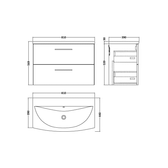 Arno Wall Hung 2 Drawer Vanity or Curved Ceramic Basin, 800mm