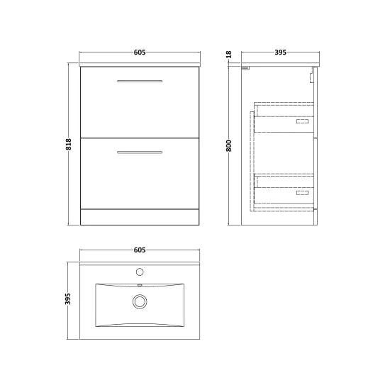 Arno Floor Standing 2 Drawer Vanity or Minimalist Ceramic Basin, 600mm