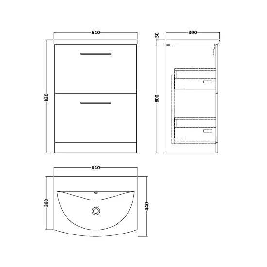 Arno Floor Standing 2 Drawer Vanity or Curved Ceramic Basin, 600mm