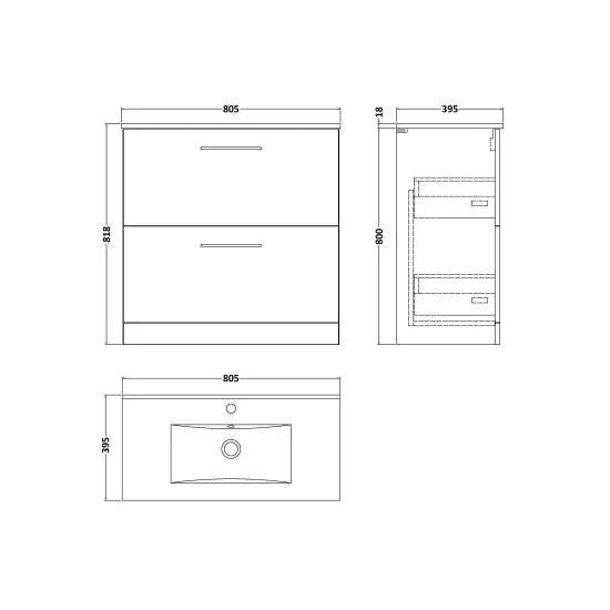 Arno Floor Standing 2 Drawer Vanity or Minimalist Ceramic Basin, 800mm