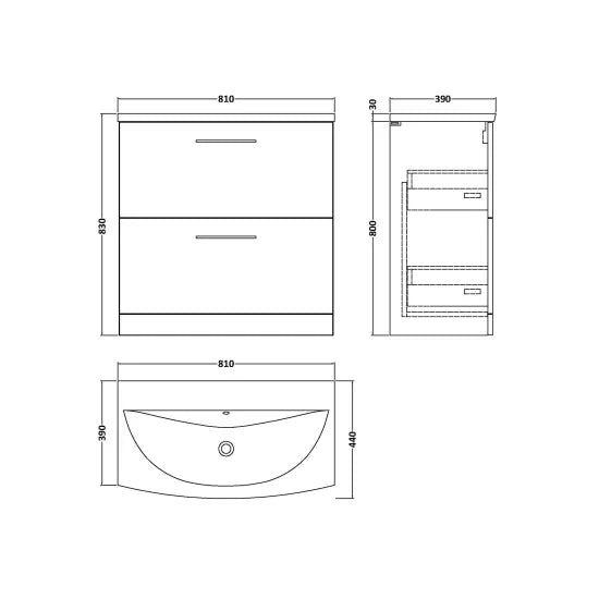 Arno Floor Standing 2 Drawer Vanity or Curved Ceramic Basin, 800mm