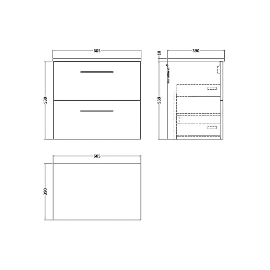 Arno 600mm Wall Hung 2-Drawer Vanity or Worktop