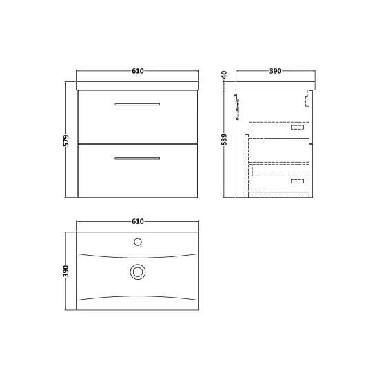 Arno 600mm Wall Hung 2-Drawer Vanity or Mid-Edge Basin