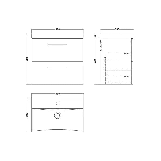 Arno 600mm Wall Hung 2-Drawer Vanity or Thin-Edge Basin