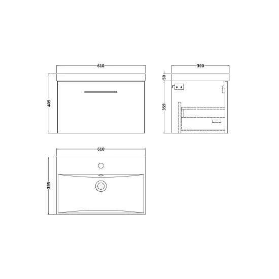 Arno 600mm Wall Hung 1-Drawer Vanity or Thin-Edge Basin