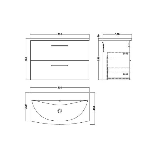 Arno 800mm Wall Hung 2-Drawer Vanity or Curved Basin