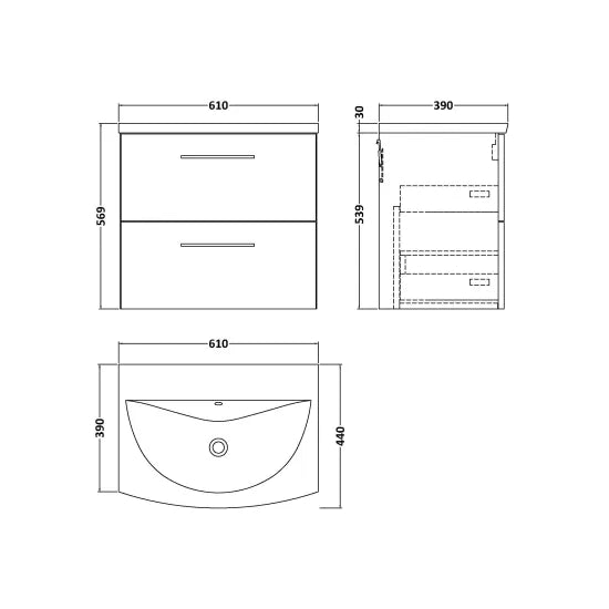 Arno 600mm Wall Hung 2-Drawer Vanity or Curved Basin