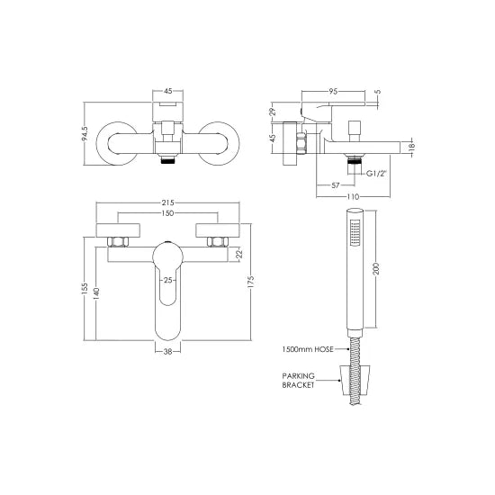 Arvan Wall Mounted Bath Shower Mixer With Kit