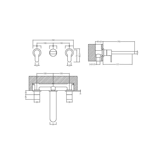 Arvan Wall Mounted 3 Tap Hole Basin Mixer