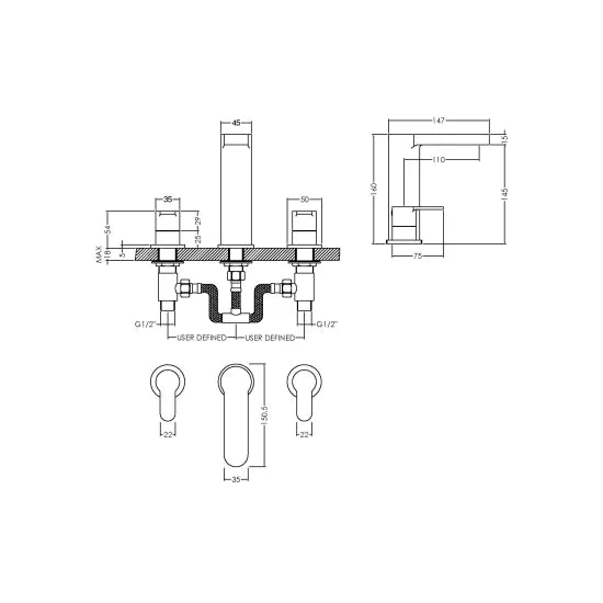 Arvan Deck Mounted 3 Tap Hole Basin Mixer With Pop Up Waste