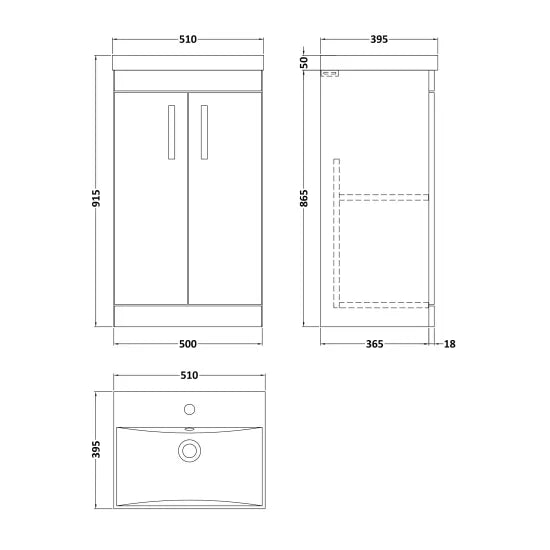 Athena Floor Standing 2 Door Vanity With Thin-Edge 1 Tap Hole Basin 500mm