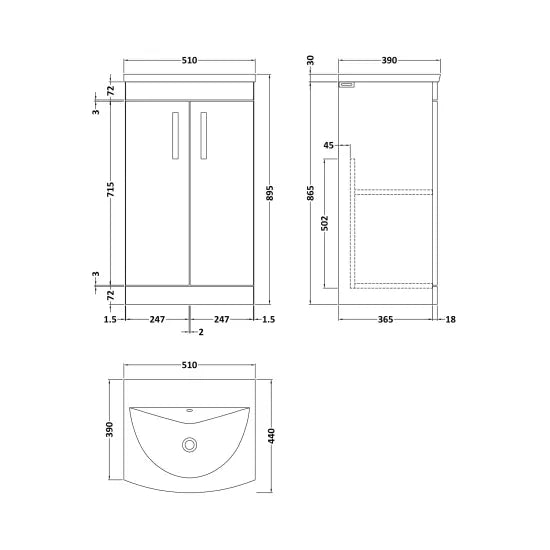 Athena Floor Standing 2 Door Vanity With Curved 1 Tap Hole Basin 500mm