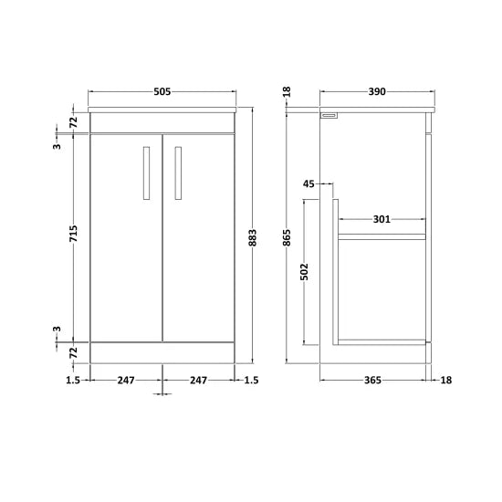 Athena Floor Standing 2 Door Vanity With Worktop 500mm