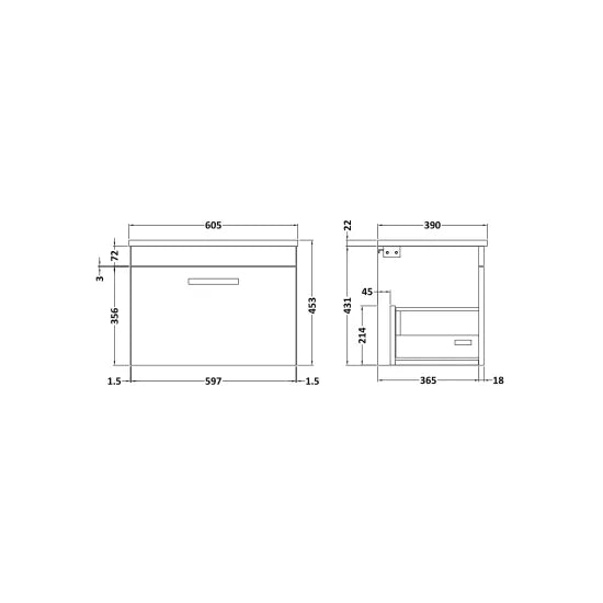 Athena Wall Hung Single Drawer Vanity With Sparkling White Worktop 600mm