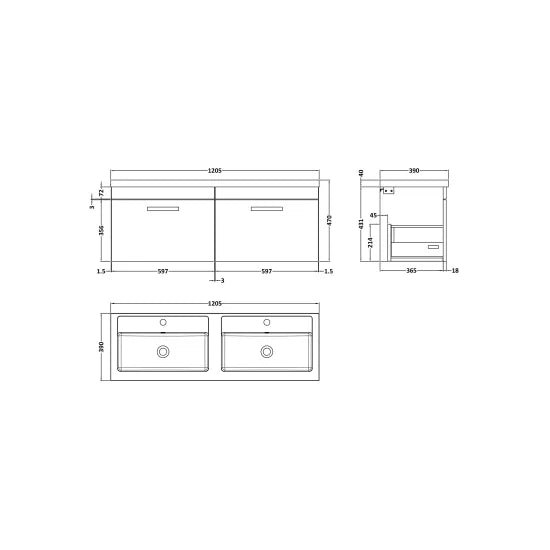 Athena Wall Hung 2 Drawer Vanity With Twin Basin 1200mm