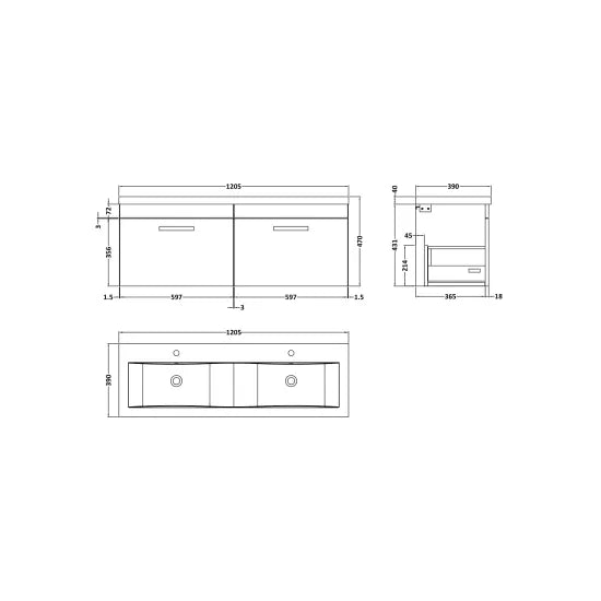 Athena Wall Hung 2 Drawer Vanity With Twin Basin 1200mm