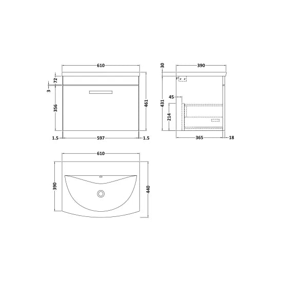 Athena Wall Hung Single Drawer Vanity With Curved 1 Tap Hole Basin 600mm