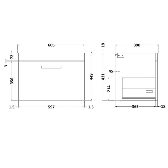 Athena Wall Hung Single Drawer Vanity With Worktop 600mm