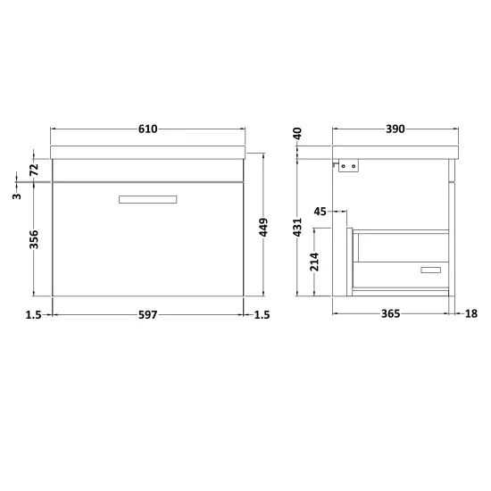 Athena Wall Hung Single Drawer Vanity With Mid-Edge 1 Tap Hole Basin 600mm