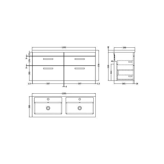 Athena Wall Hung 4 Drawer Vanity With Twin Basin 1200mm