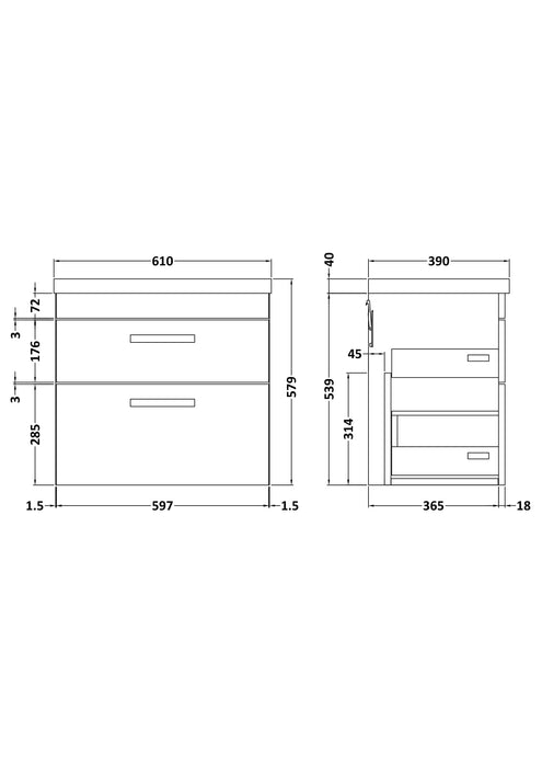 Athena Wall Hung 2 Drawer Vanity With Mid-Edge 1 Tap Hole Basin 600mm