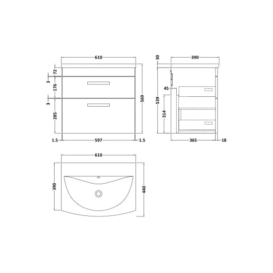 Athena Wall Hung 2 Drawer Vanity With Curved 1 Tap Hole Basin 500mm