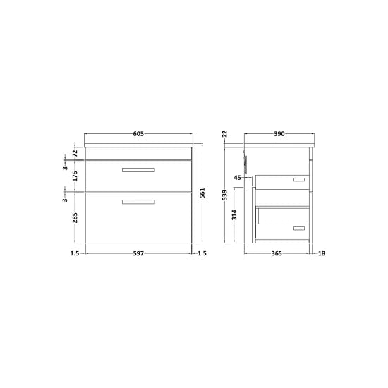 Athena Wall Hung 2 Drawer Vanity With Grey Worktop 600mm