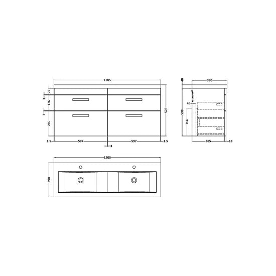 Athena Wall Hung 4 Drawer Vanity With Twin Basin 1200mm