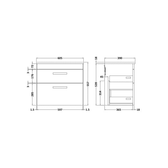 Athena Wall Hung 2 Drawer Vanity With Worktop 600mm