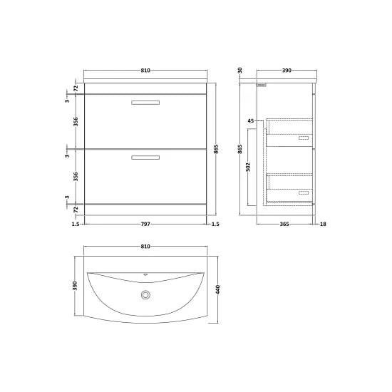 Athena Floor Standing 2 Drawer Vanity With Curved 1 Tap Hole Basin 800mm