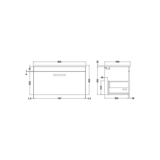 Athena Wall Hung Single Drawer Vanity With Grey Worktop 800mm