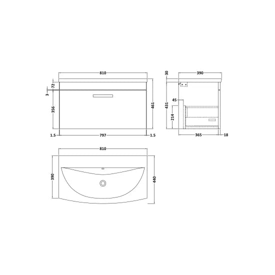 Athena Wall Hung Single Drawer Vanity With Curved 1 Tap Hole Basin 800mm