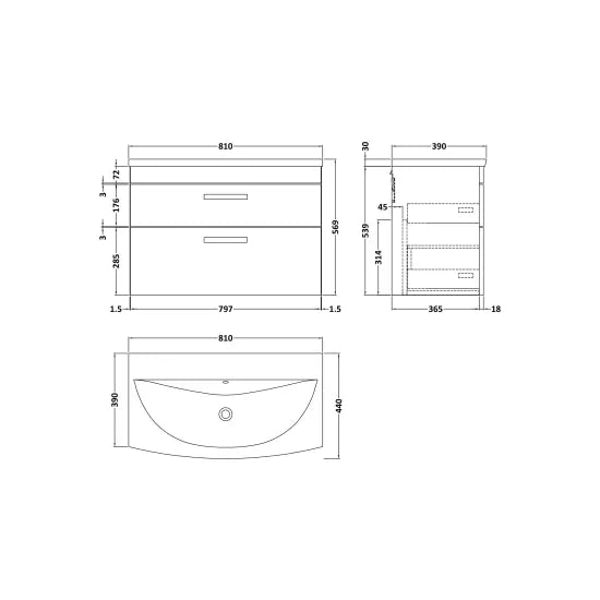 Athena Wall Hung 2 Drawer Vanity With Curved 1 Tap Hole Basin 800mm