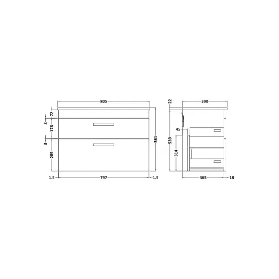 Athena Wall Hung 2 Drawer Vanity With Grey Worktop 800mm