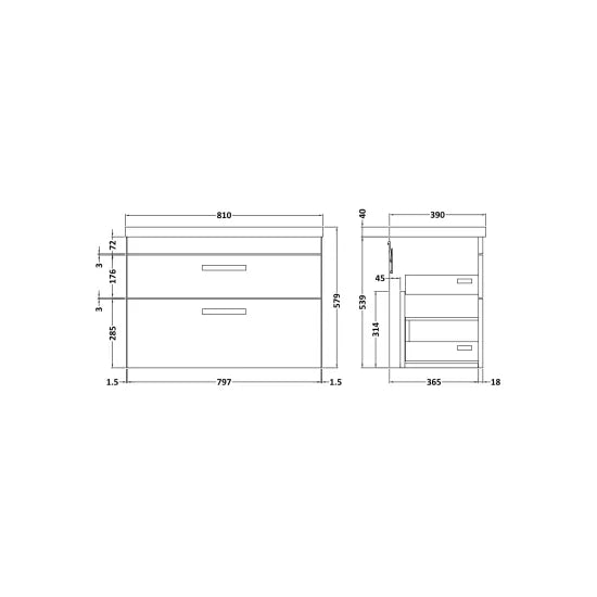 Athena Wall Hung 2 Drawer Vanity With Mid-Edge 1 Tap Hole Basin 800mm