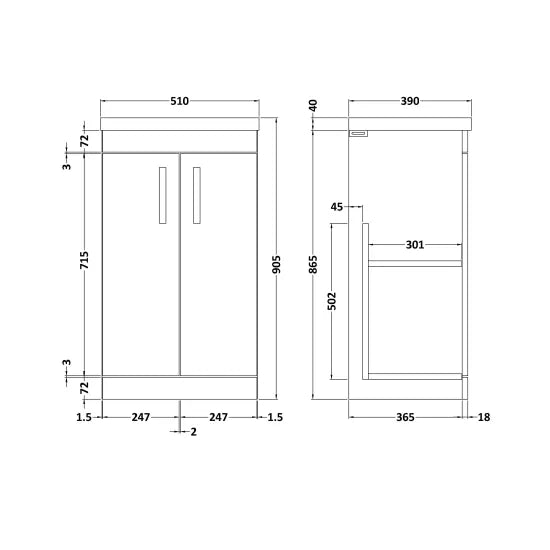 Athena Floor Standing 2 Door Vanity With Mid-Edge 1 Tap Hole Basin 500mm