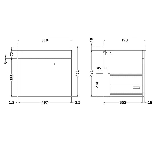 Athena Wall Hung Single Drawer Vanity With Mid-Edge 1 Tap Hole Basin 500mm