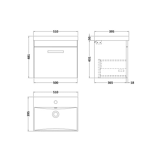 Athena Wall Hung Single Drawer Vanity With Thin-Edge 1 Tap Hole Basin 500mm