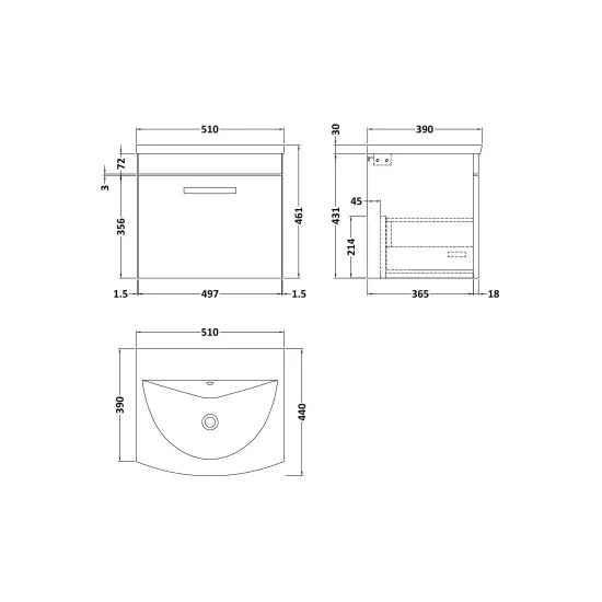 Athena Wall Hung Single Drawer Vanity With Curved 1 Tap Hole Basin 500mm