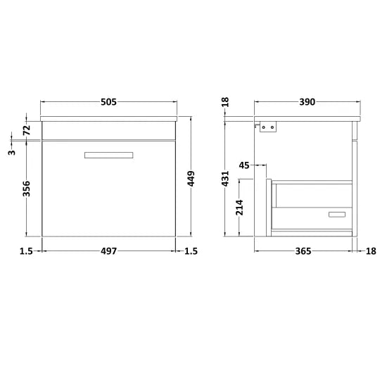 Athena Wall Hung Single Drawer Vanity With Worktop 500mm