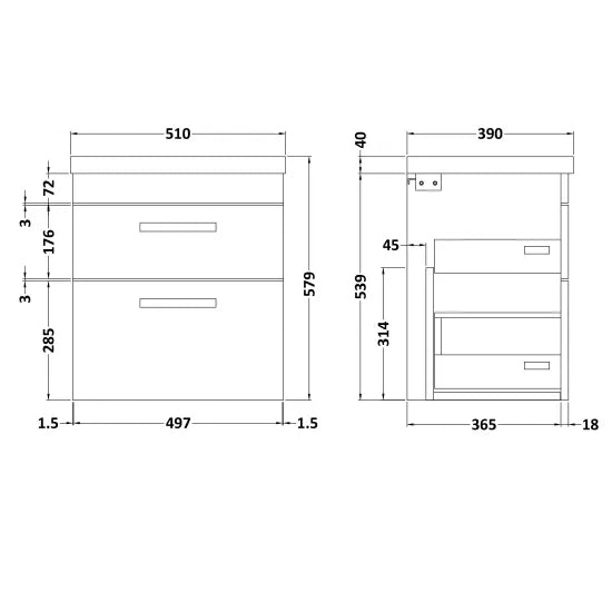 Athena Wall Hung 2 Drawer Vanity With Mid-Edge 1 Tap Hole Basin