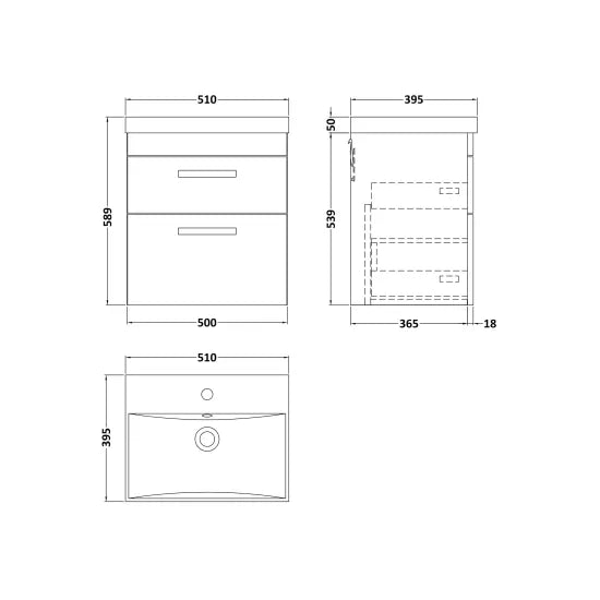 Athena Wall Hung 2 Drawer Vanity With Thin-Edge 1 Tap Hole Basin 500mm