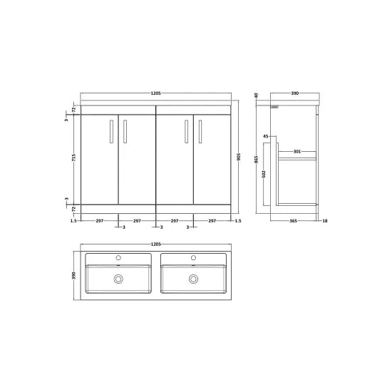 Athena Floor Standing 4 Door Vanity With Twin Polymarble Basin 1200mm